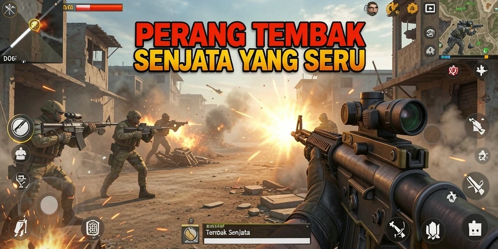 Antarmuka permainan D06 menampilkan aksi tembak senjata yang intens.