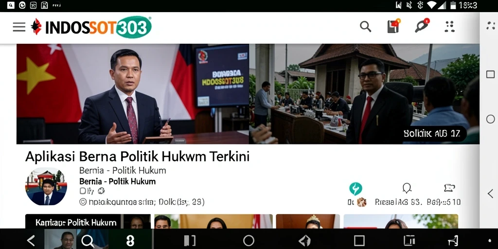 Antarmuka pengguna aplikasi INDOSLOT303 dengan berita politik hukum.